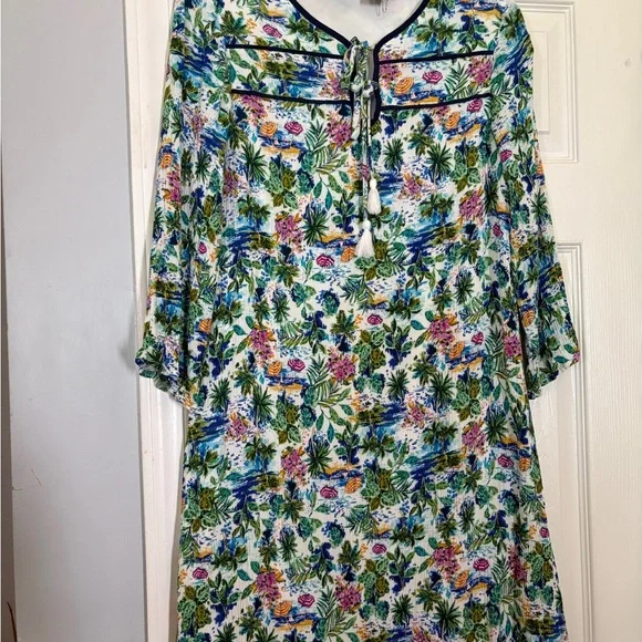Caribbean Joe Tropical Print Tunic Dress Small Blue Green Floral Tassel Neckline - Picture 3 of 9